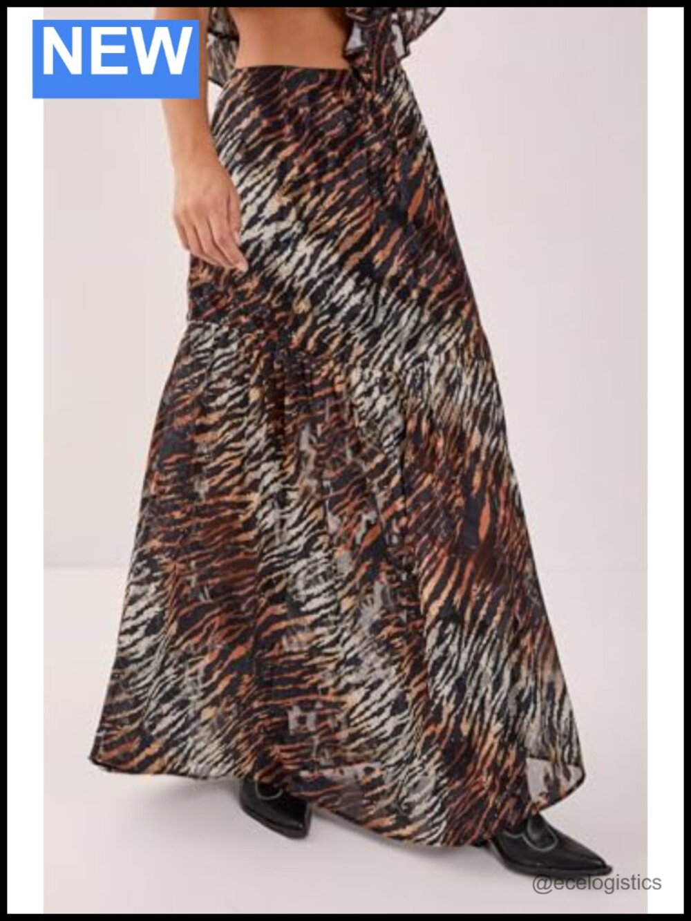 Animal Burnout Tiered Maxi Skirt Polyester High Rise - Picture 3 of 3